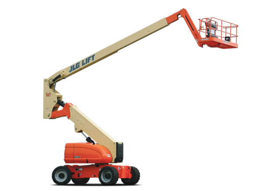 Plataforma elevatória JLG 800AJ em operação, ideal para trabalho em altura com segurança e eficiência.