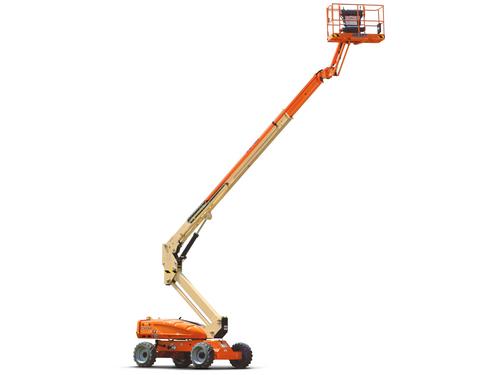 Plataforma elevatória articulada elétrica E600JP da JLG em operação, projetada para trabalhos em altura com segurança e eficiência.