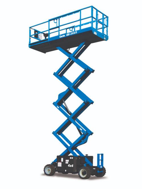 Plataforma elevatória GS-4069 RT da Genie em operação, ideal para trabalho em altura com segurança e eficiência.
