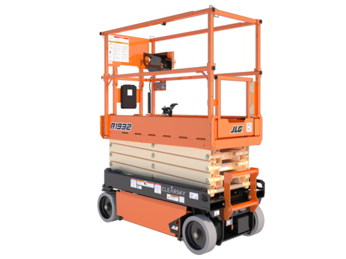 Plataforma elevatória JLG 1932R em operação, ideal para trabalho em altura com segurança e eficiência.