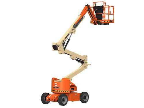 Plataforma elevatória articulada elétrica JLG E450AJ em operação, ideal para trabalho em altura com segurança e manobrabilidade em ambientes internos.