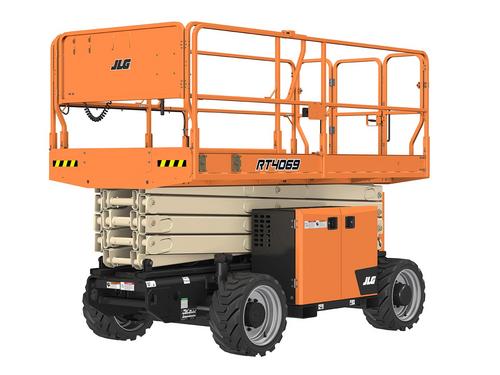 Plataforma elevatória JLG 4069RT em operação, projetada para trabalho em altura com segurança e eficiência.
